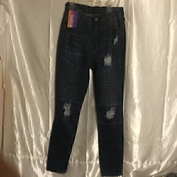 SHEIN Denim - Shein Distressed Destroyed Moto Medium Wash Blue Skinny Jeans 30
